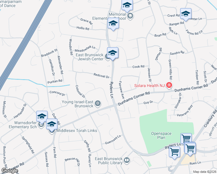 map of restaurants, bars, coffee shops, grocery stores, and more near 534 Ryders Lane in East Brunswick