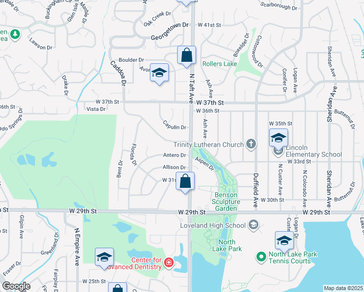 map of restaurants, bars, coffee shops, grocery stores, and more near 1434 Caddoa Drive in Loveland
