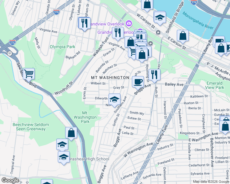 map of restaurants, bars, coffee shops, grocery stores, and more near 63 Dilworth Street in Pittsburgh