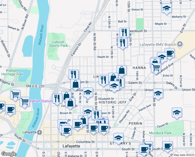 map of restaurants, bars, coffee shops, grocery stores, and more near 922 North 10th Street in Lafayette