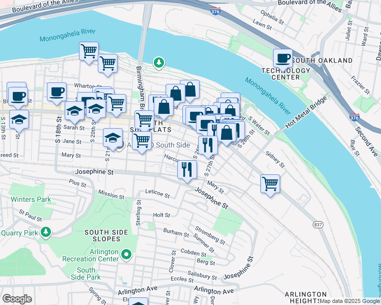 map of restaurants, bars, coffee shops, grocery stores, and more near 2528 Larkins Way in Pittsburgh