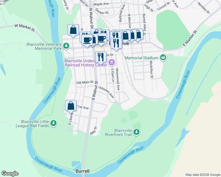 map of restaurants, bars, coffee shops, grocery stores, and more near 284 South East Lane in Blairsville