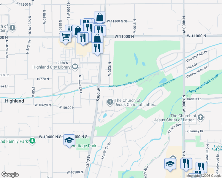 map of restaurants, bars, coffee shops, grocery stores, and more near West Castle Pine Circle in Highland