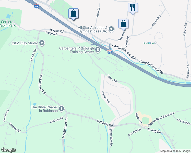 map of restaurants, bars, coffee shops, grocery stores, and more near 604 Ridge Road in Pittsburgh