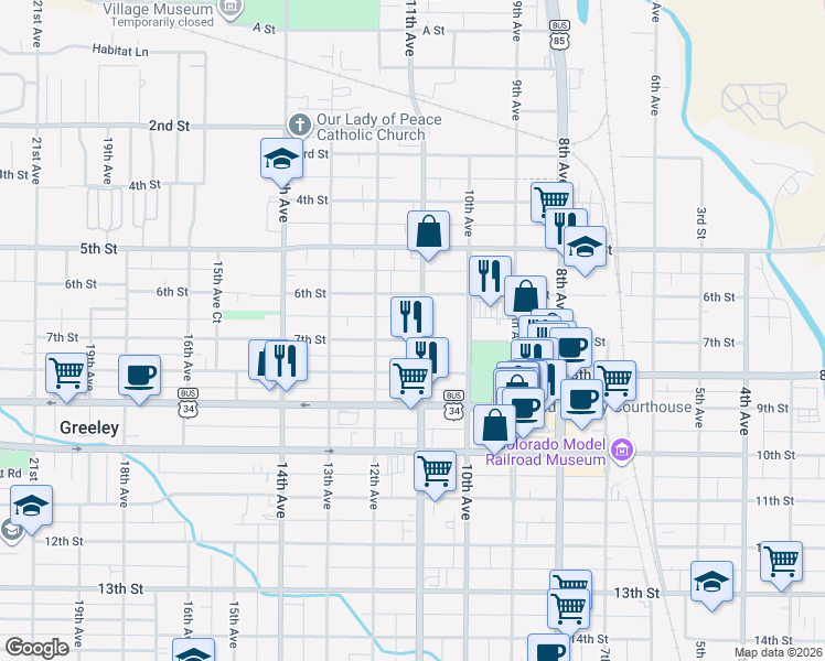 map of restaurants, bars, coffee shops, grocery stores, and more near 1103 7th Street in Greeley