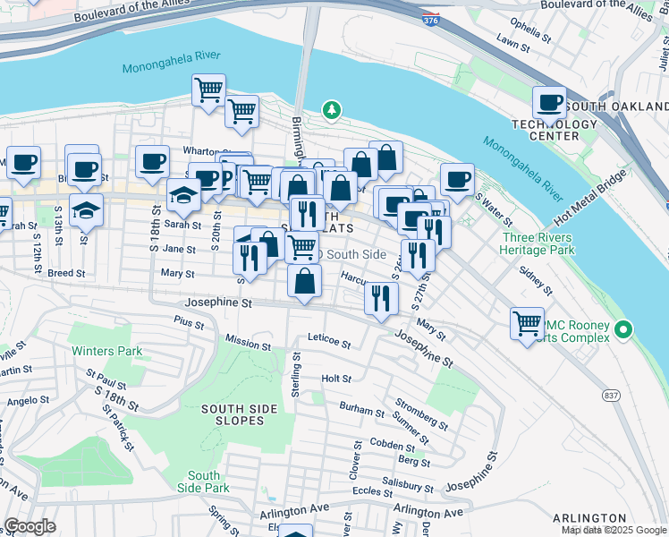 map of restaurants, bars, coffee shops, grocery stores, and more near 2315 Jane Street in Pittsburgh