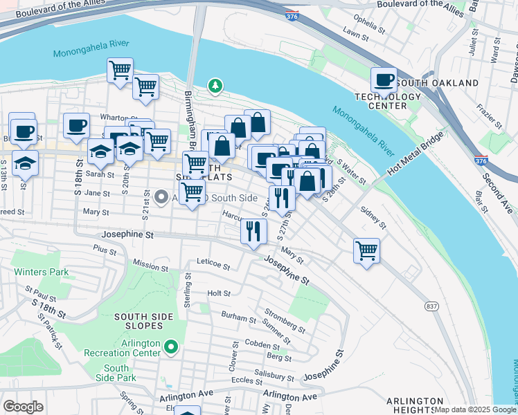 map of restaurants, bars, coffee shops, grocery stores, and more near 2528 Larkins Way in Pittsburgh