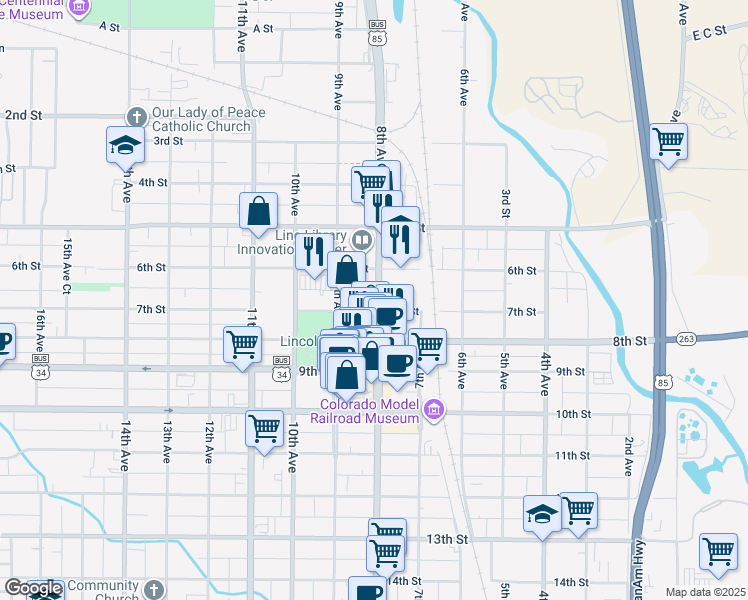map of restaurants, bars, coffee shops, grocery stores, and more near 615 U.S. 85 Business in Greeley