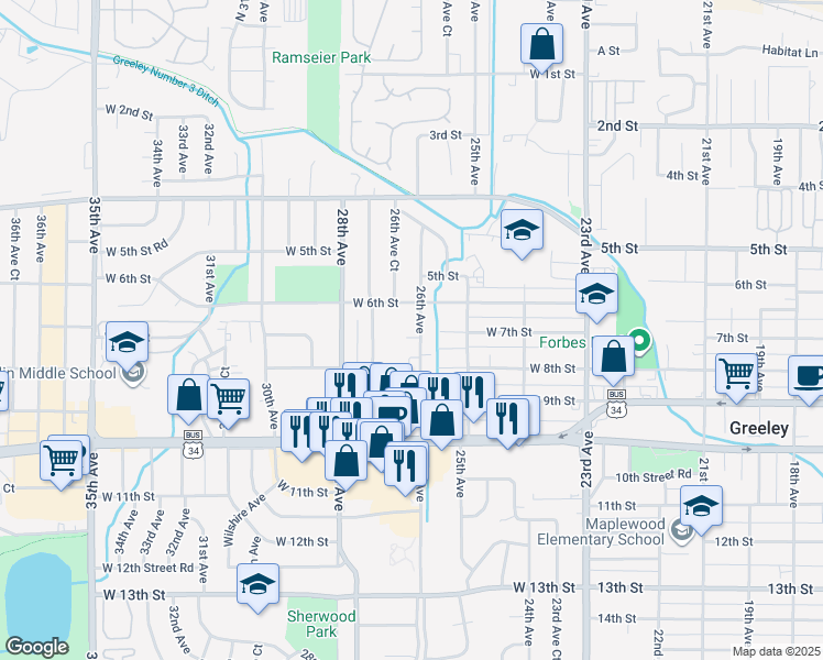 map of restaurants, bars, coffee shops, grocery stores, and more near 705 26th Avenue in Greeley
