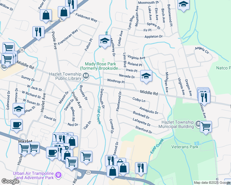 map of restaurants, bars, coffee shops, grocery stores, and more near 1 Fleetwood Drive in Hazlet