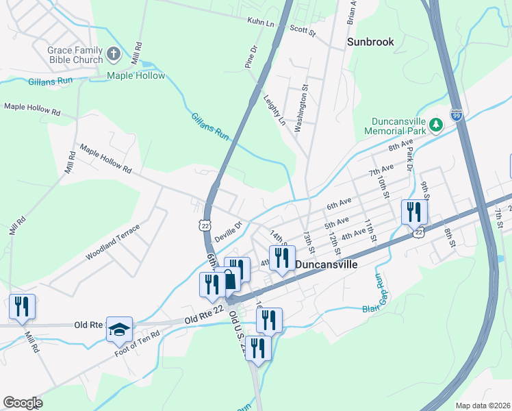 map of restaurants, bars, coffee shops, grocery stores, and more near in Duncansville