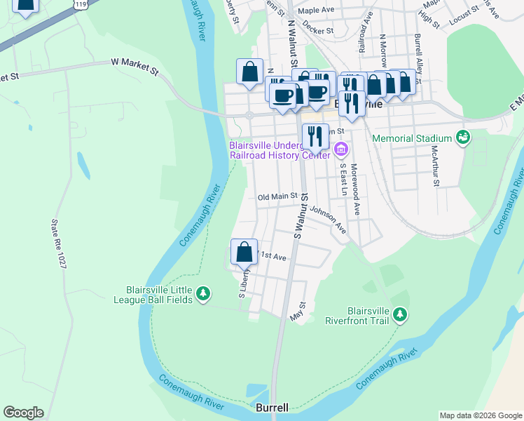 map of restaurants, bars, coffee shops, grocery stores, and more near 312 South Liberty Street in Blairsville