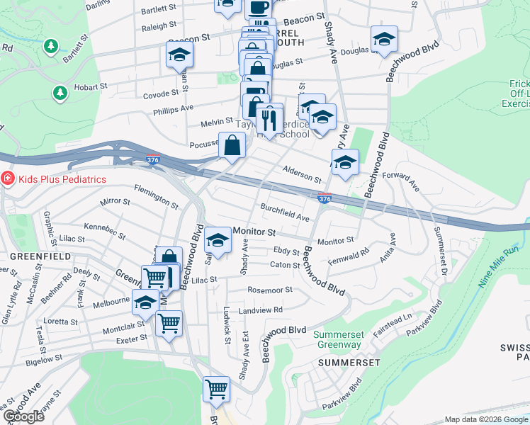 map of restaurants, bars, coffee shops, grocery stores, and more near 6306 Burchfield Avenue in Pittsburgh