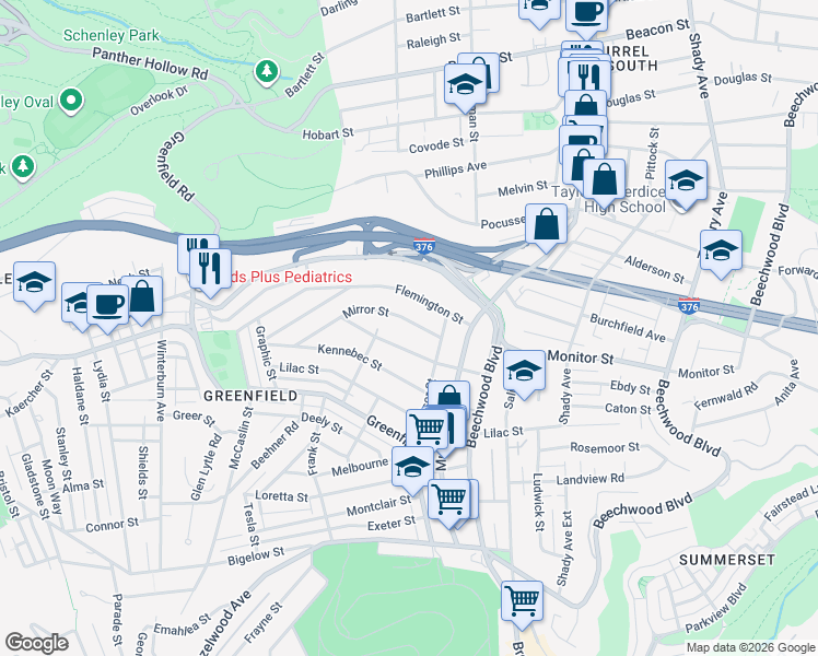 map of restaurants, bars, coffee shops, grocery stores, and more near 1008 Mirror Street in Pittsburgh