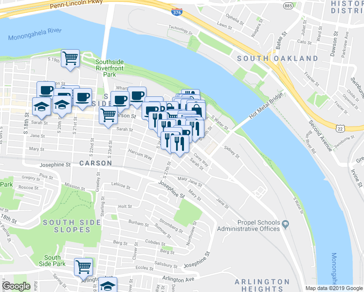 map of restaurants, bars, coffee shops, grocery stores, and more near 2724 East Carson Street in Pittsburgh