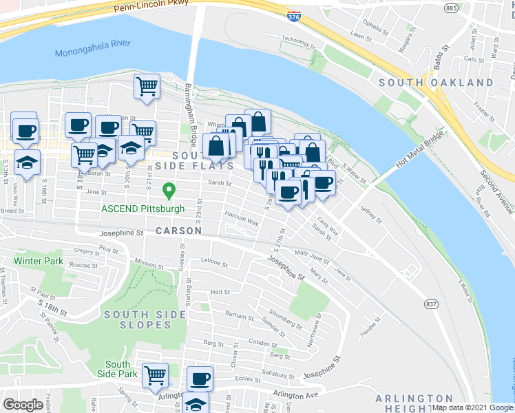 map of restaurants, bars, coffee shops, grocery stores, and more near 2517 Larkins Way in Pittsburgh