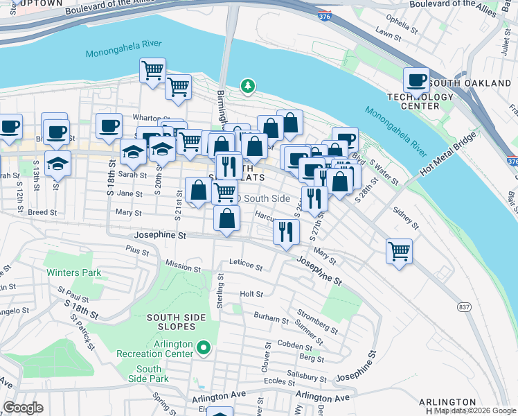 map of restaurants, bars, coffee shops, grocery stores, and more near 2412 Larkins Way in Pittsburgh