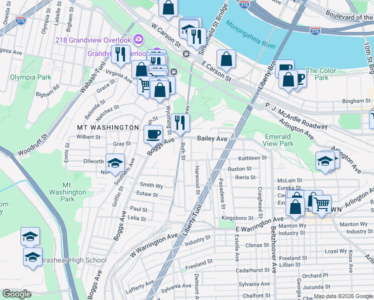 map of restaurants, bars, coffee shops, grocery stores, and more near 14 Ruth Street in Pittsburgh
