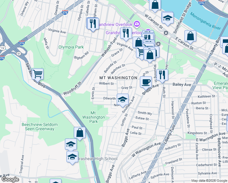 map of restaurants, bars, coffee shops, grocery stores, and more near 3 Gray Street in Pittsburgh