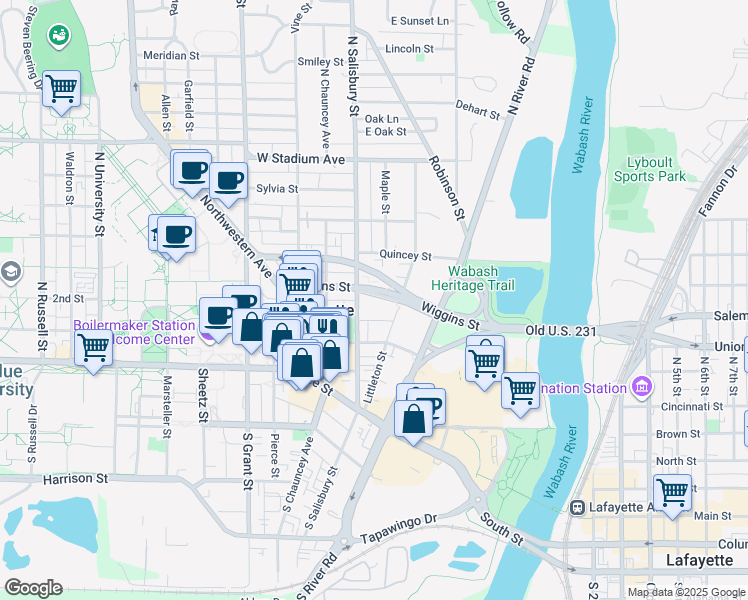 map of restaurants, bars, coffee shops, grocery stores, and more near in West Lafayette
