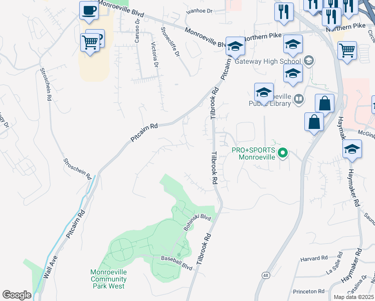 map of restaurants, bars, coffee shops, grocery stores, and more near 165 Wallace Drive in Monroeville