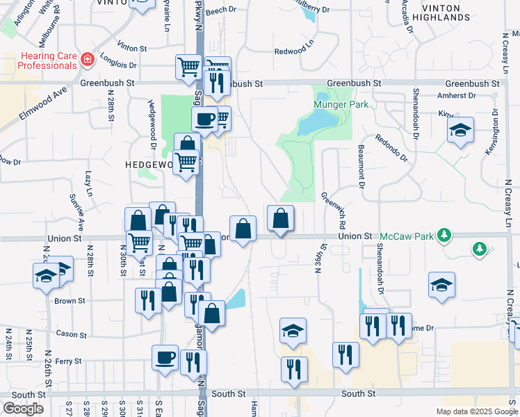 map of restaurants, bars, coffee shops, grocery stores, and more near 834 Willow Drive in Lafayette