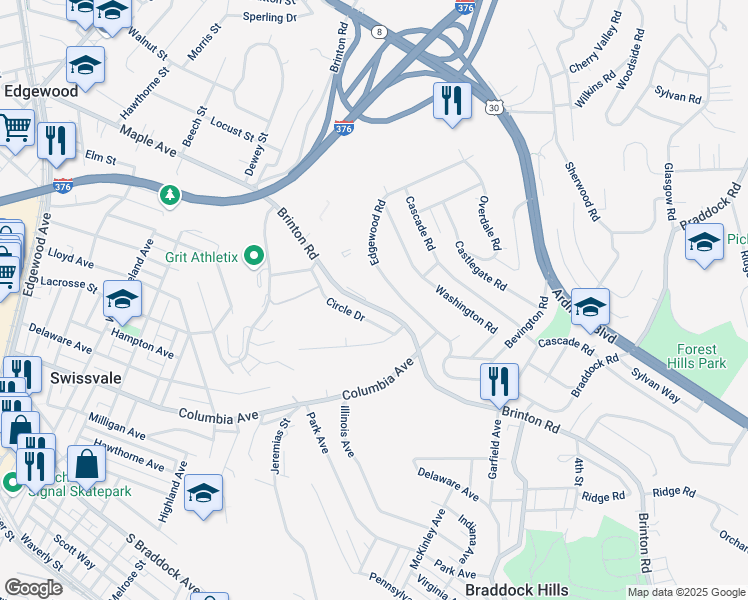 map of restaurants, bars, coffee shops, grocery stores, and more near 1069 Brinton Road in Pittsburgh
