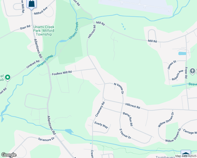 map of restaurants, bars, coffee shops, grocery stores, and more near 2153 Hillcrest Road in Quakertown