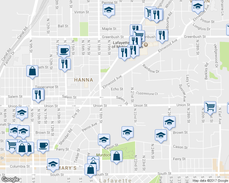 map of restaurants, bars, coffee shops, grocery stores, and more near 1913 Echo Street in Lafayette