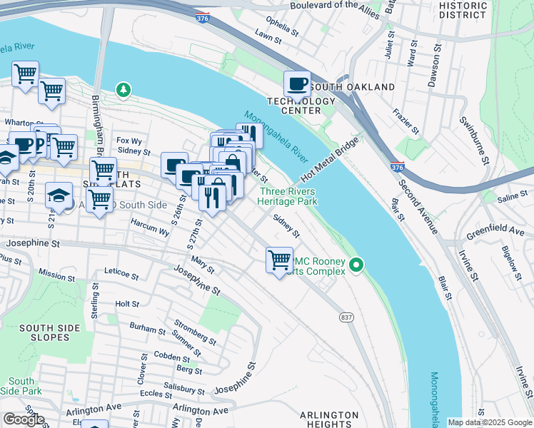 map of restaurants, bars, coffee shops, grocery stores, and more near Hot Metal Street in Pittsburgh