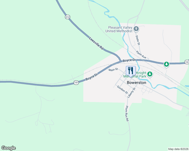 map of restaurants, bars, coffee shops, grocery stores, and more near 33001-33091 Boyce Drive in Bowerston