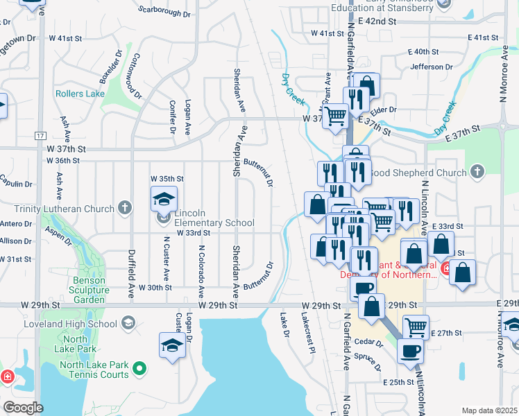 map of restaurants, bars, coffee shops, grocery stores, and more near 3323 Butternut Drive in Loveland