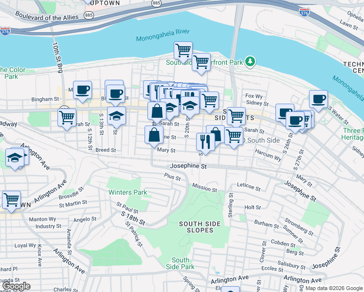 map of restaurants, bars, coffee shops, grocery stores, and more near 1919 Harcum Way in Pittsburgh