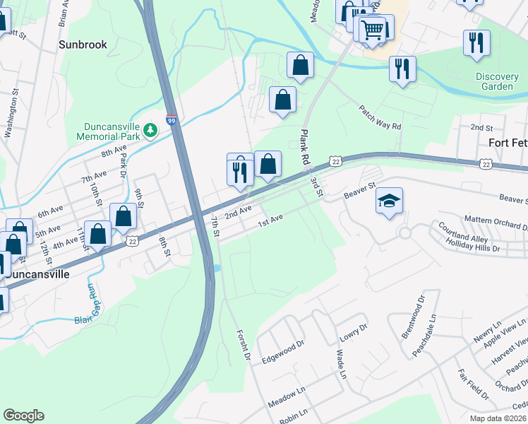 map of restaurants, bars, coffee shops, grocery stores, and more near 5th Street in Duncansville