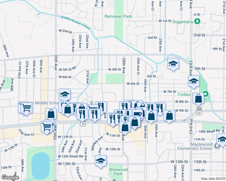 map of restaurants, bars, coffee shops, grocery stores, and more near 2901 West Harp Court in Greeley