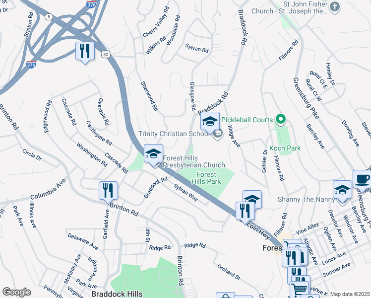 map of restaurants, bars, coffee shops, grocery stores, and more near 425 Braddock Road in Pittsburgh