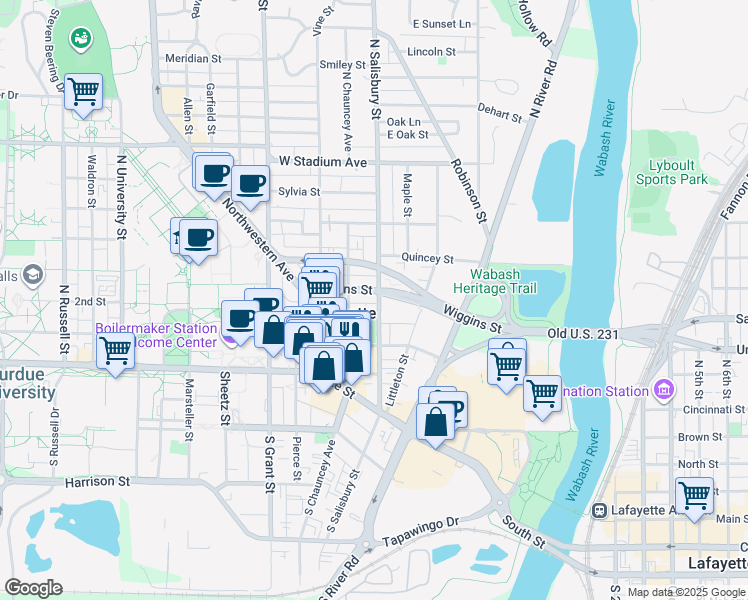 map of restaurants, bars, coffee shops, grocery stores, and more near in West Lafayette
