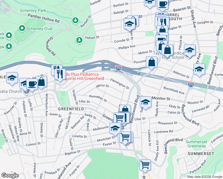 map of restaurants, bars, coffee shops, grocery stores, and more near 1008 Mirror Street in Pittsburgh