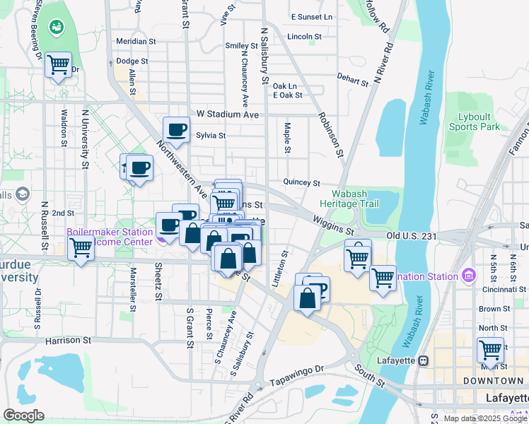 map of restaurants, bars, coffee shops, grocery stores, and more near 317 North Salisbury Street in West Lafayette