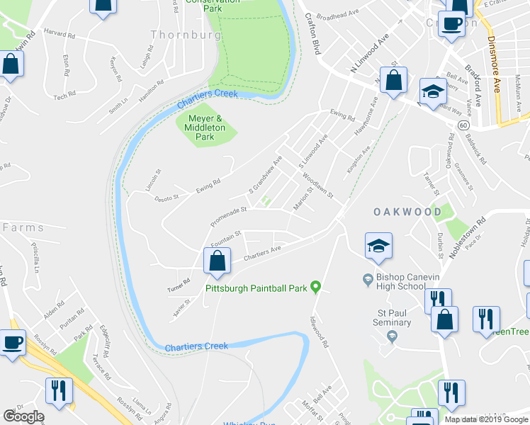 map of restaurants, bars, coffee shops, grocery stores, and more near 97 Promenade Street in Pittsburgh