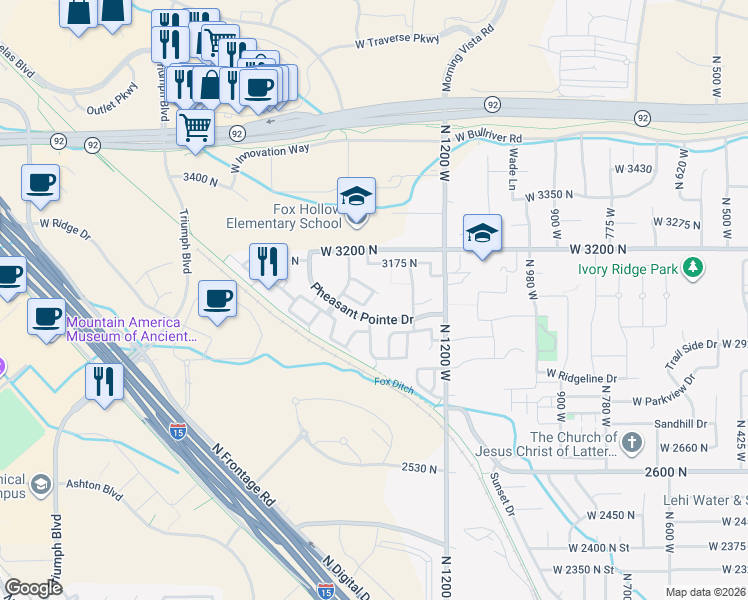 map of restaurants, bars, coffee shops, grocery stores, and more near 3078 Sage Loop in Lehi