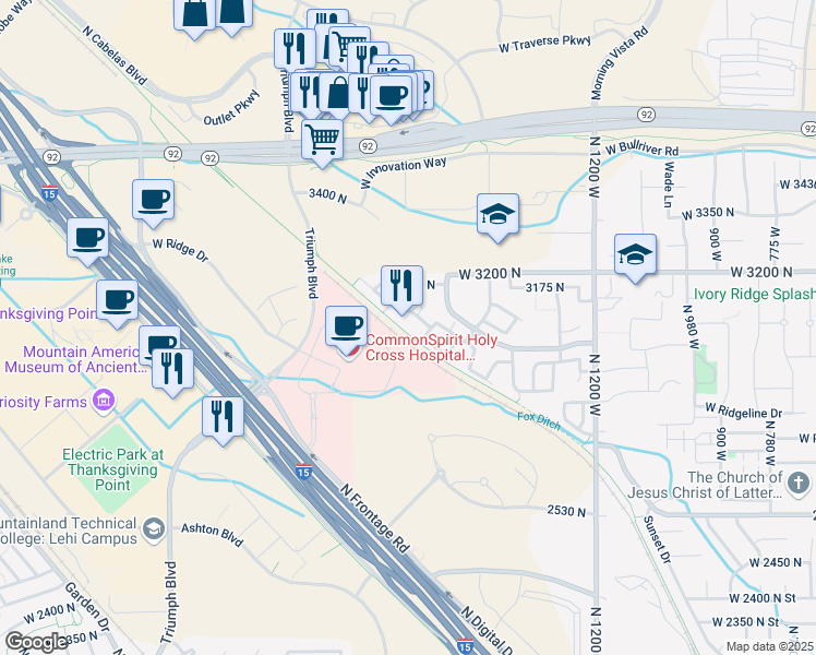 map of restaurants, bars, coffee shops, grocery stores, and more near 1661 WestBury Way in Lehi