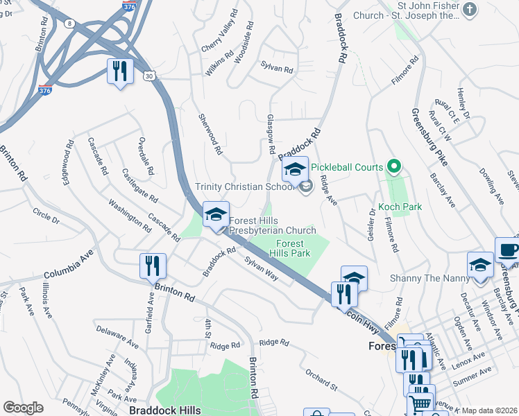 map of restaurants, bars, coffee shops, grocery stores, and more near 435 Braddock Road in Pittsburgh