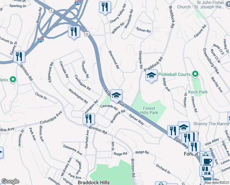 map of restaurants, bars, coffee shops, grocery stores, and more near 1721 Ardmore Boulevard in Pittsburgh