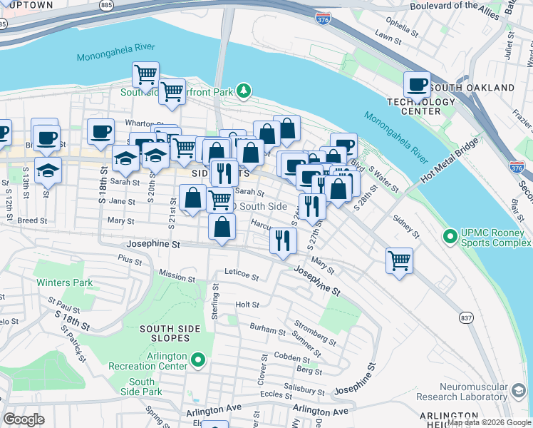 map of restaurants, bars, coffee shops, grocery stores, and more near 2412 Larkins Way in Pittsburgh