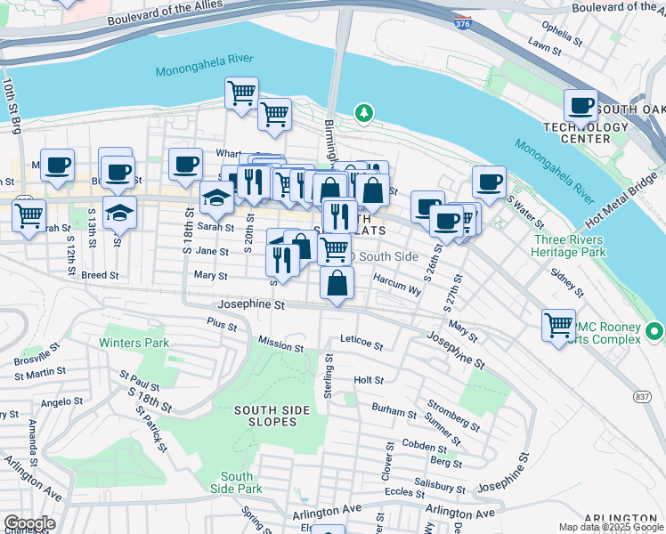 map of restaurants, bars, coffee shops, grocery stores, and more near 2218 Jane Street in Pittsburgh