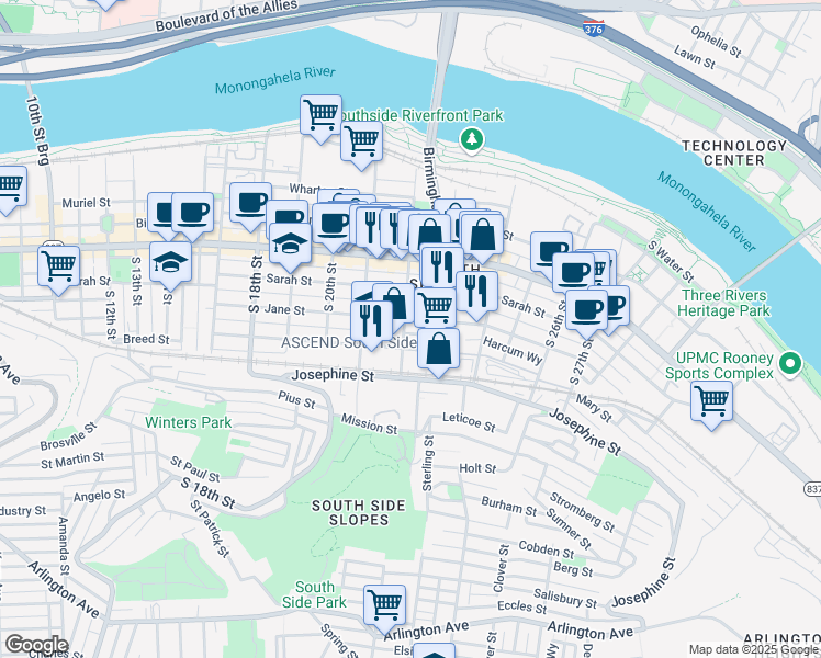 map of restaurants, bars, coffee shops, grocery stores, and more near 2218 Jane Street in Pittsburgh