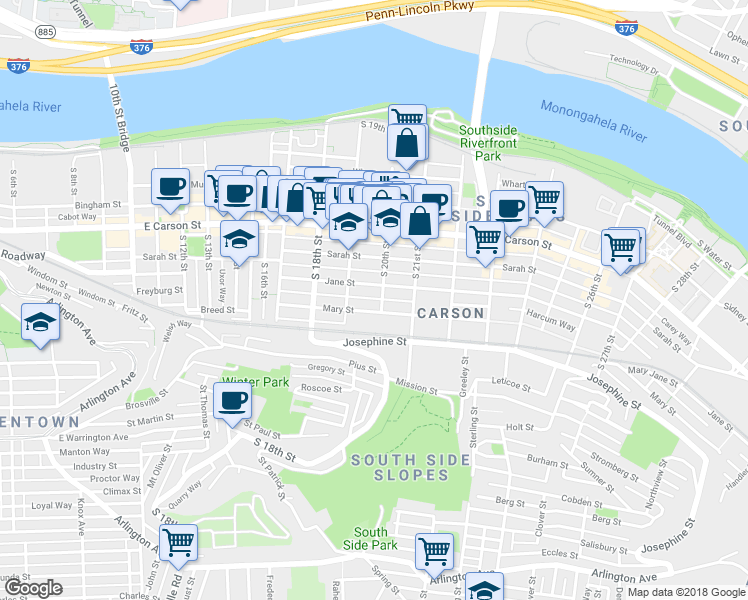 map of restaurants, bars, coffee shops, grocery stores, and more near 1919 Harcum Way in Pittsburgh