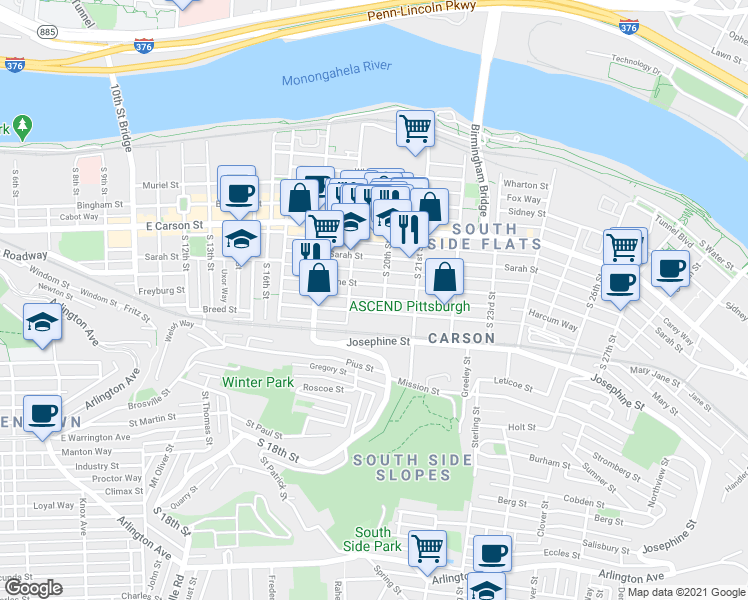 map of restaurants, bars, coffee shops, grocery stores, and more near 1919 Harcum Way in Pittsburgh