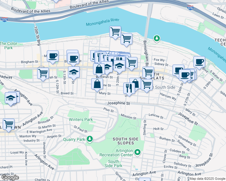 map of restaurants, bars, coffee shops, grocery stores, and more near 1919 Harcum Way in Pittsburgh